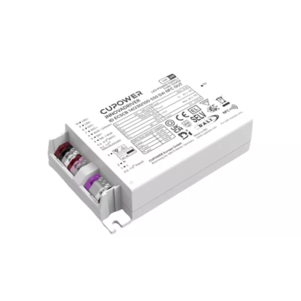 The CUPOWER ID ECSCB 14/230/100‑550 D4i NFC OUT is a 14W D4i LED driver with NFC adjustable output and DALI‑2 support. Contact ADM for details.