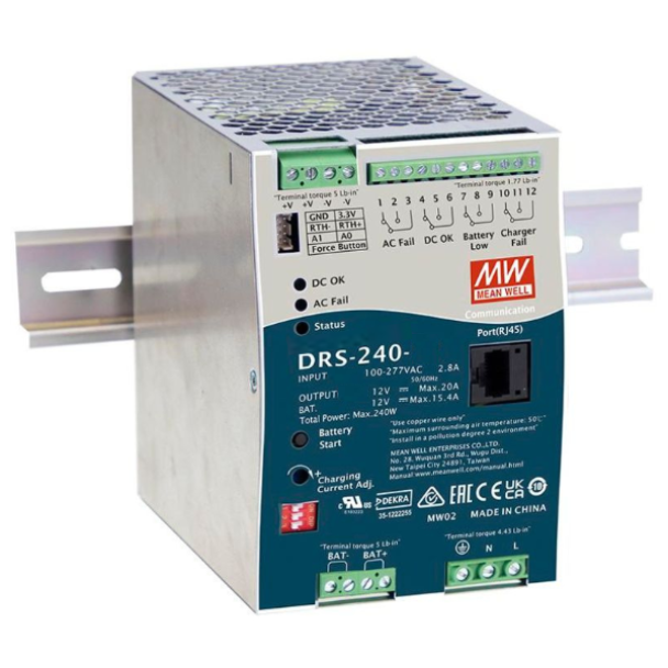 MEAN WELL DRS-240-12 12V DIN Rail DC UPS Power Supply with Modbus Interface