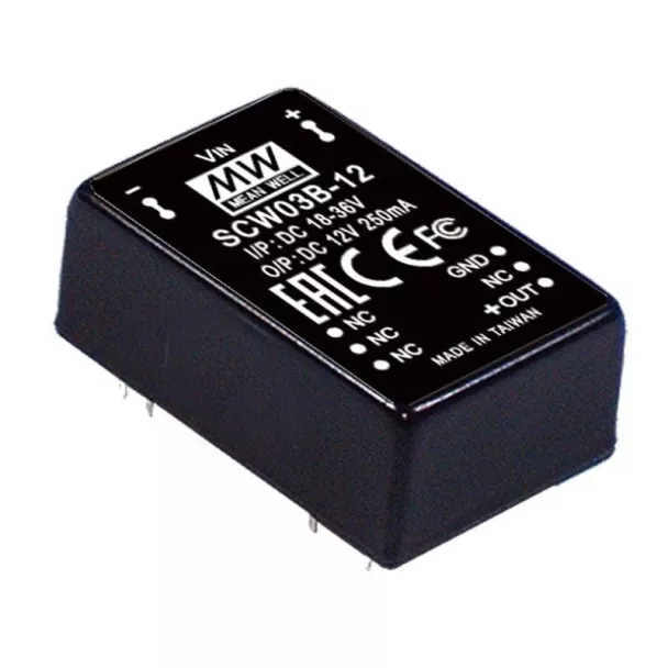 MEAN WELL SCW03A-15 12V to 15V 3W PCB mount DC to DC converter