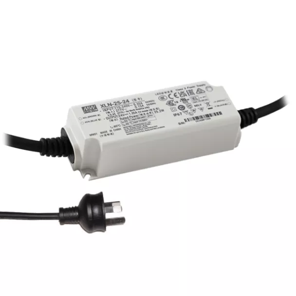The MEAN WELL XLN-25-24-AUP is a 24V 25.2W IP67 CV LED driver with AU flex and plug.