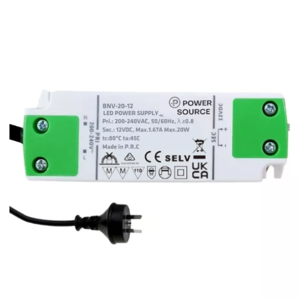 POWER SOURCE BNV-20-12  LED Driver Constant Voltage 12V 20W Non Dimmable IP20 With Flex & Plug