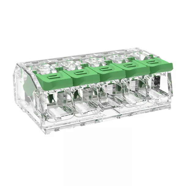 The PowerNeX DGBSC-SG01/4-05P is a 5-way push-in wire splicing connector rated at 32A, 450VAC IEC and 600VAC UL. Contact ADM for details.