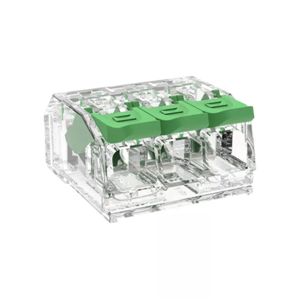 The PowerNeX DGBSC-SG01/4-03P is a 3-way push-in wire splicing connector rated at 32A, 450VAC IEC and 600VAC UL. Contact ADM for details.