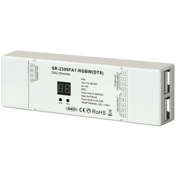 Sunricher DALI RGBW DC LED Controller Input 12~36Vdc Output 4 x 700mA 12~36Vdc Constant Current PWM