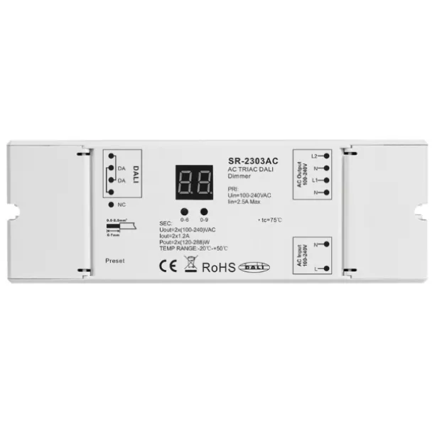 2 Channels AC Triac DALI Dimmer SR-2303AC for dimming and switching single color LED lamps, traditional incandescent and halogen lights