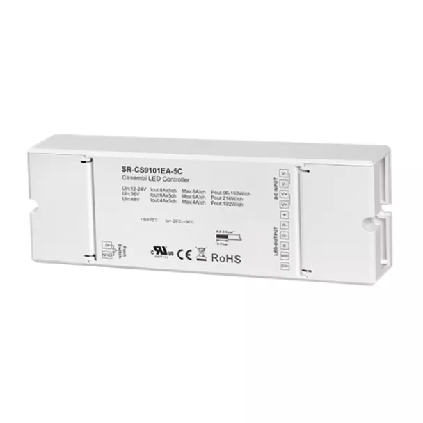 The Casambi RGBCCT LED controller for 12-48V DC strips and fixtures. Sunricher SR‑CS9101EA‑5C. RGB + tunable white control. Contact ADM for details.
