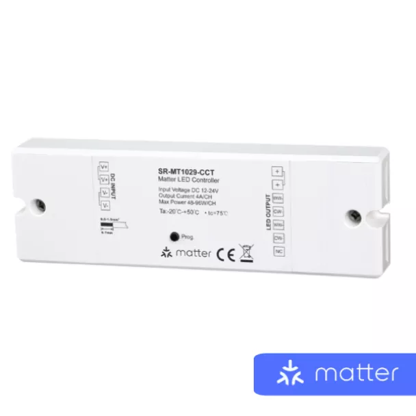 The Sunricher SR-MT1029-CCT is a CCT LED strip controller with Matter over Thread, 12-24V DC constant voltage. Contact ADM for details.