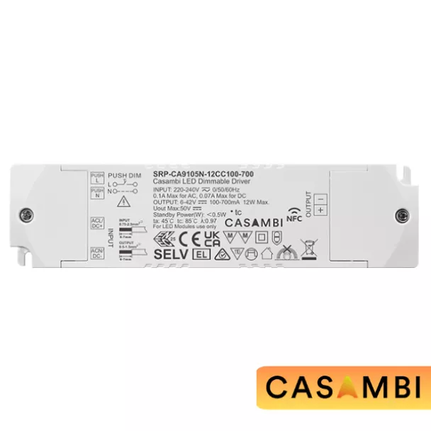 The Sunricher SRP-CA9105N-12CC100-700 Casambi NFC programmable constant current LED driver 12W, 100–700mA with smooth wireless dimming. Contact ADM for details.