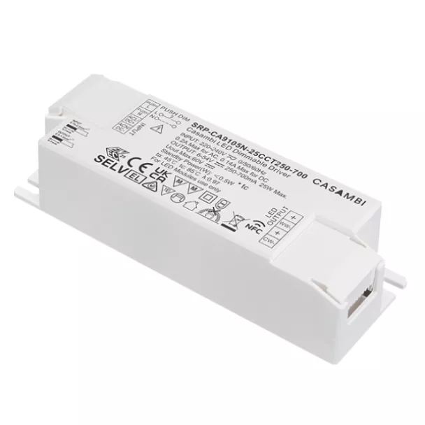 The Sunricher SRP-CA9105N-25CCT250-700 is a 25W Casambi NFC tunable white constant current LED driver with 250–700mA output for smart lighting control. Contact ADM for details.