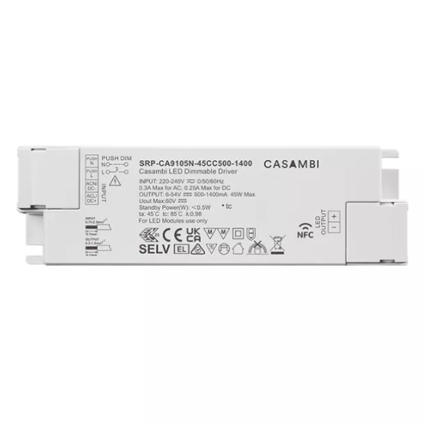 The Sunricher SRP-CA9105N-45CC500-1400 Casambi NFC programmable constant current LED driver 45W, 500–1400mA with smooth wireless dimming. Contact ADM for details.