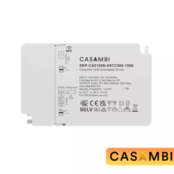 The Sunricher SRP-CA9105N-65CC500-1500 Casambi NFC programmable constant current LED driver 65W, 500-1500mA. Contact ADM for details.